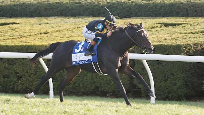 Rhetorical and Irad Ortiz Jr. win the GI Coolmore Turf Mile