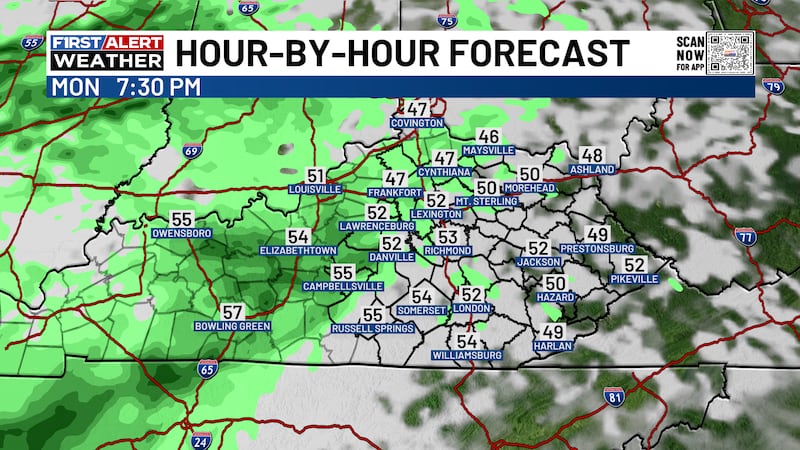 Showers blow through Kentucky on Monday night-Tuesday.