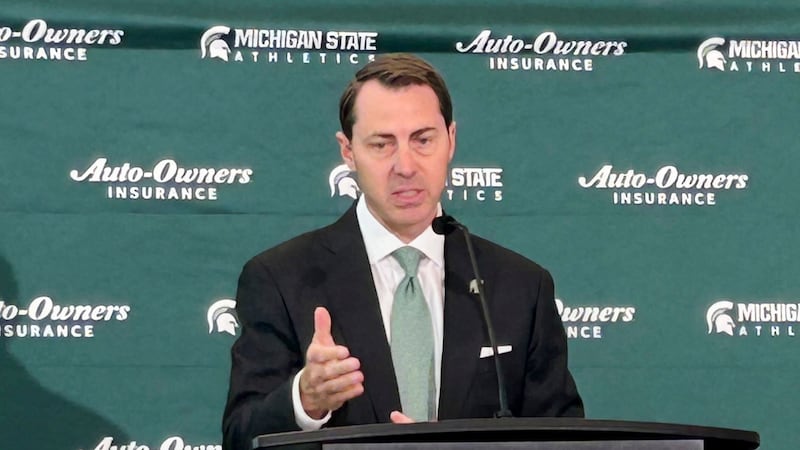 Michigan State athletic director J Batt speaks during a news conference, Wednesday, June 4,...
