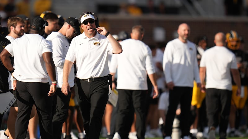 Missouri head coach Eli Drinkwitz watches from the sidelines during the second half of an NCAA...