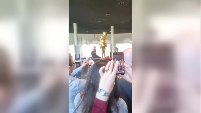 A satirical sculpture of President Donald Trump is on display at the European Parliament in...
