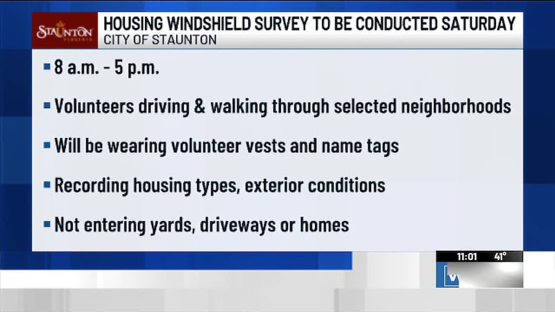 The City of Staunton will conduct a housing survey Saturday, Oct. 24, to assess the condition...